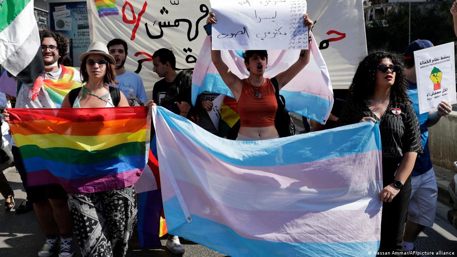 Activists from the Lesbian, Gay, Bisexual, and Transgender (LGBT) community in Lebanon shout slogans as they march calling on the government for more rights in the country