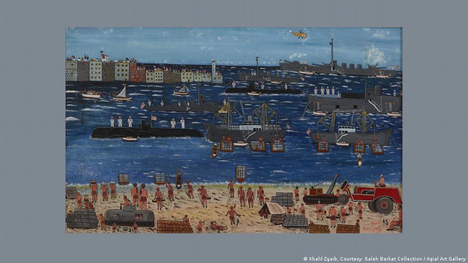 Painting by Khalil Zgaib, 'Untitled': people on a beach with several boats in the port area