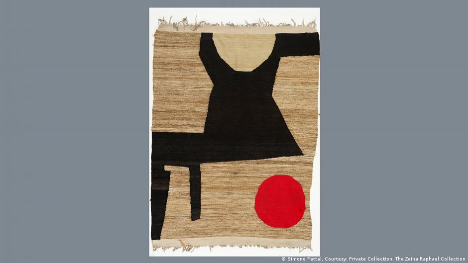 A tapestry by Etel Adnan, 'Untitled,' approx. 1972-73, abstract black figure with a red circle