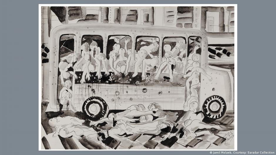 Jamil Molaeb drawing 'April 13', from the series 'Civil War Diary 1975-1976' – corpses hanging out of a bus