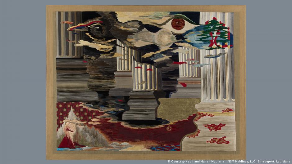 Nicolas Moufarrege, 'The Blood of the Phoenix,' 1975, abstract tapestry in a which a bird and Greek columns can be recognised