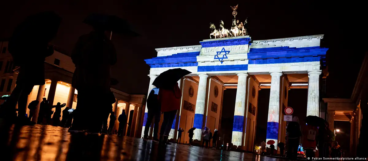 The Israeli flag projected onto the Brandenburg Gate in Berlin in a show of solidarity