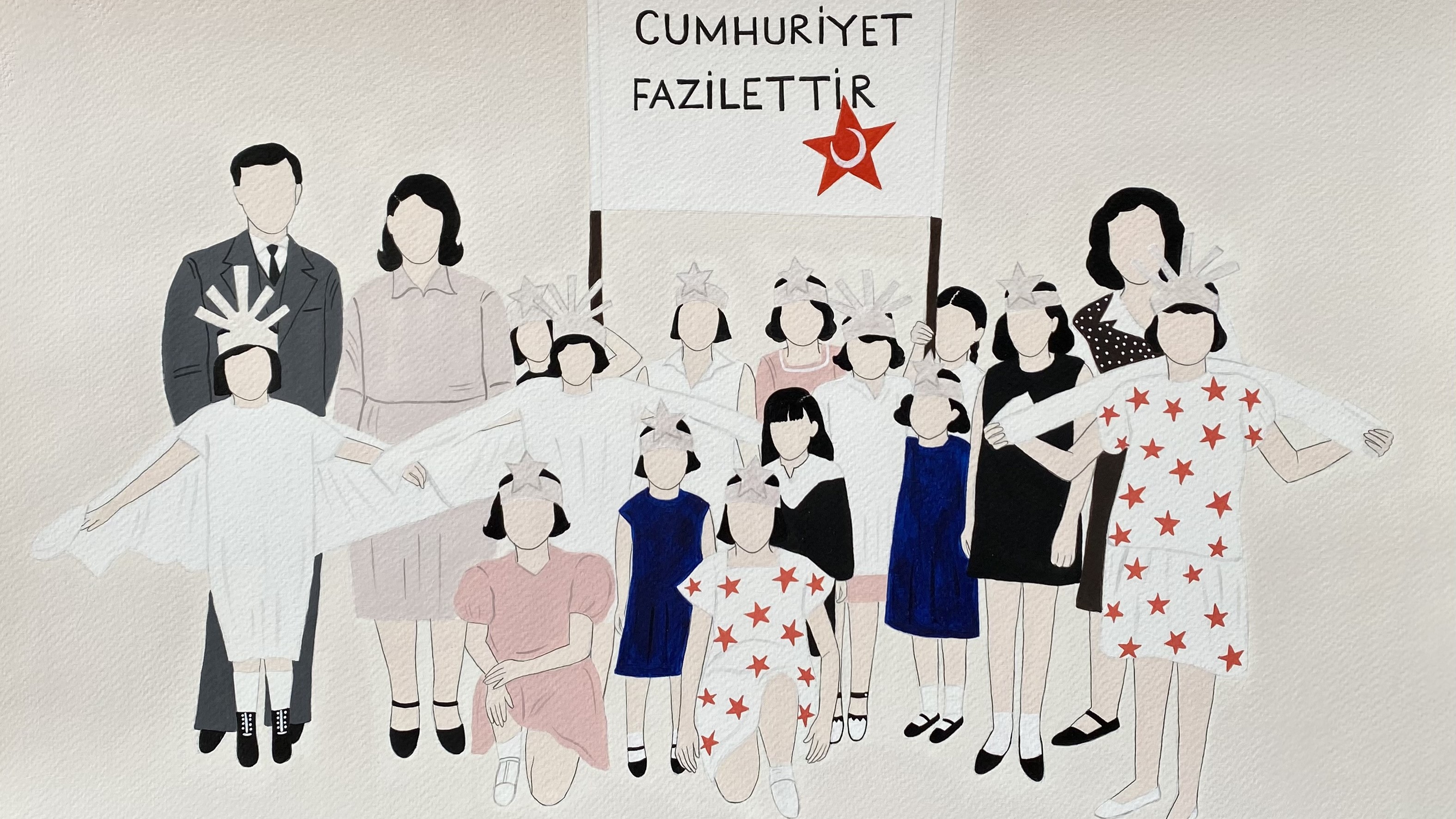 An artwork from Gamze Tasdan's "Cumhuriyet Kizlari" – 'Republic Girls', showing a group of faceless individuals, mostly women and girls