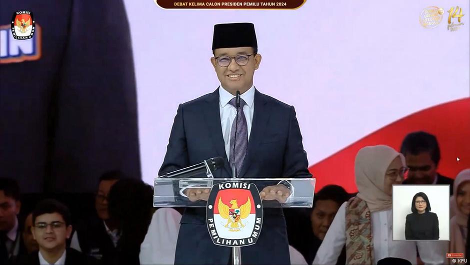 Indonesian presidental candidate Anies Baswedan takes part in final election debate