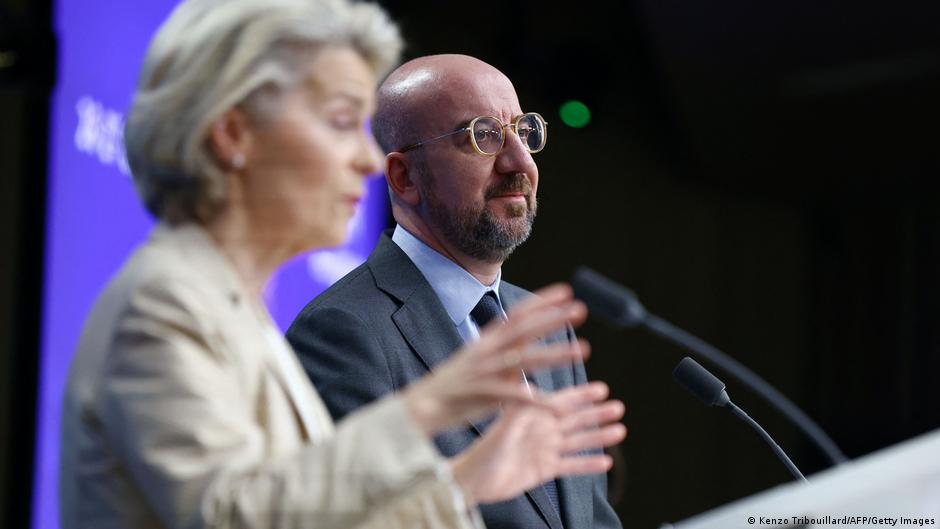 European Commission President Ursula von der Leyen and European Council President Charles Michel give a press conference at the end of a European Union summit