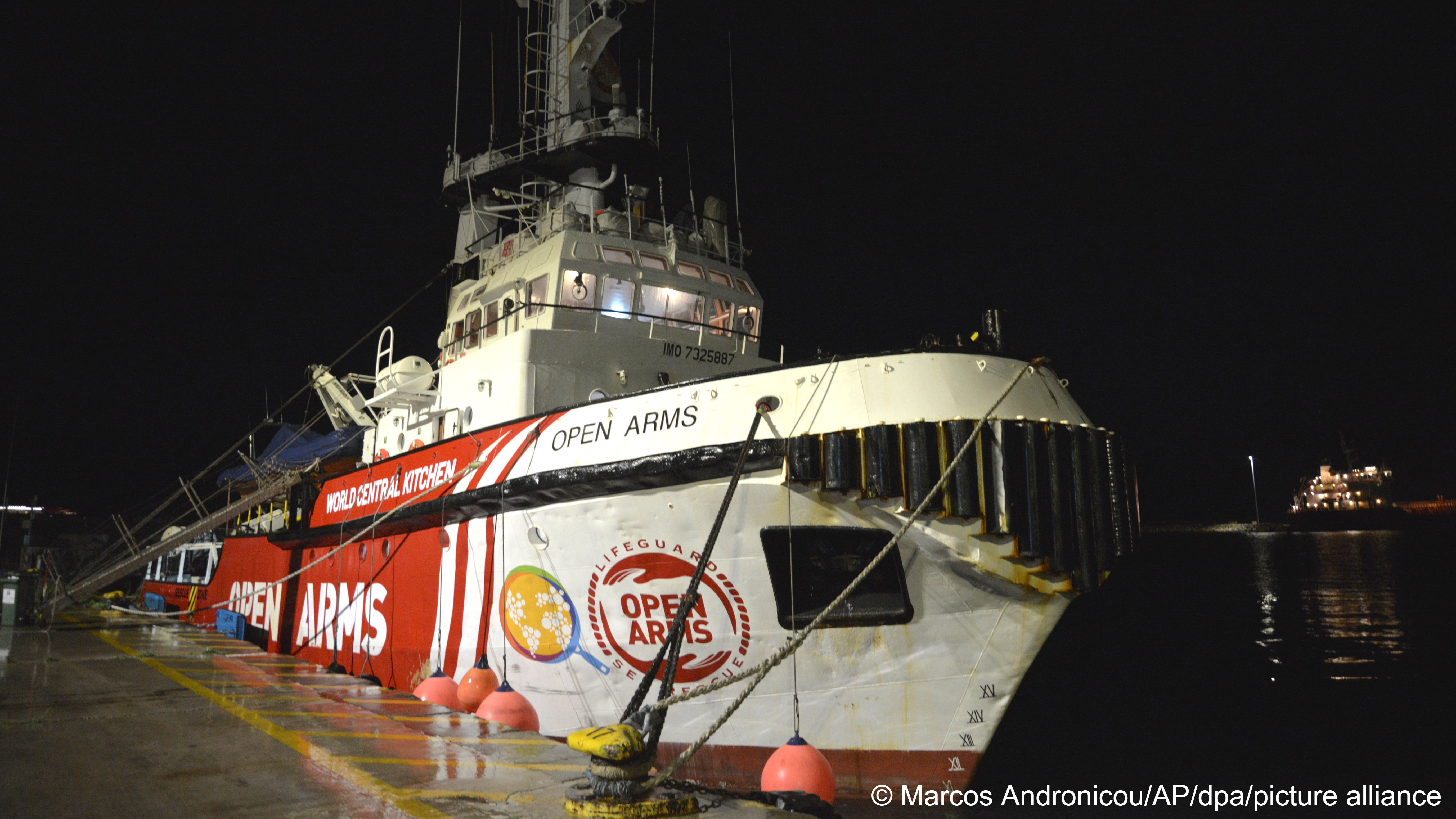 The ship belonging to the Spanish NGO Open Arms is docked in the port of Larnaca, Cyprus at night