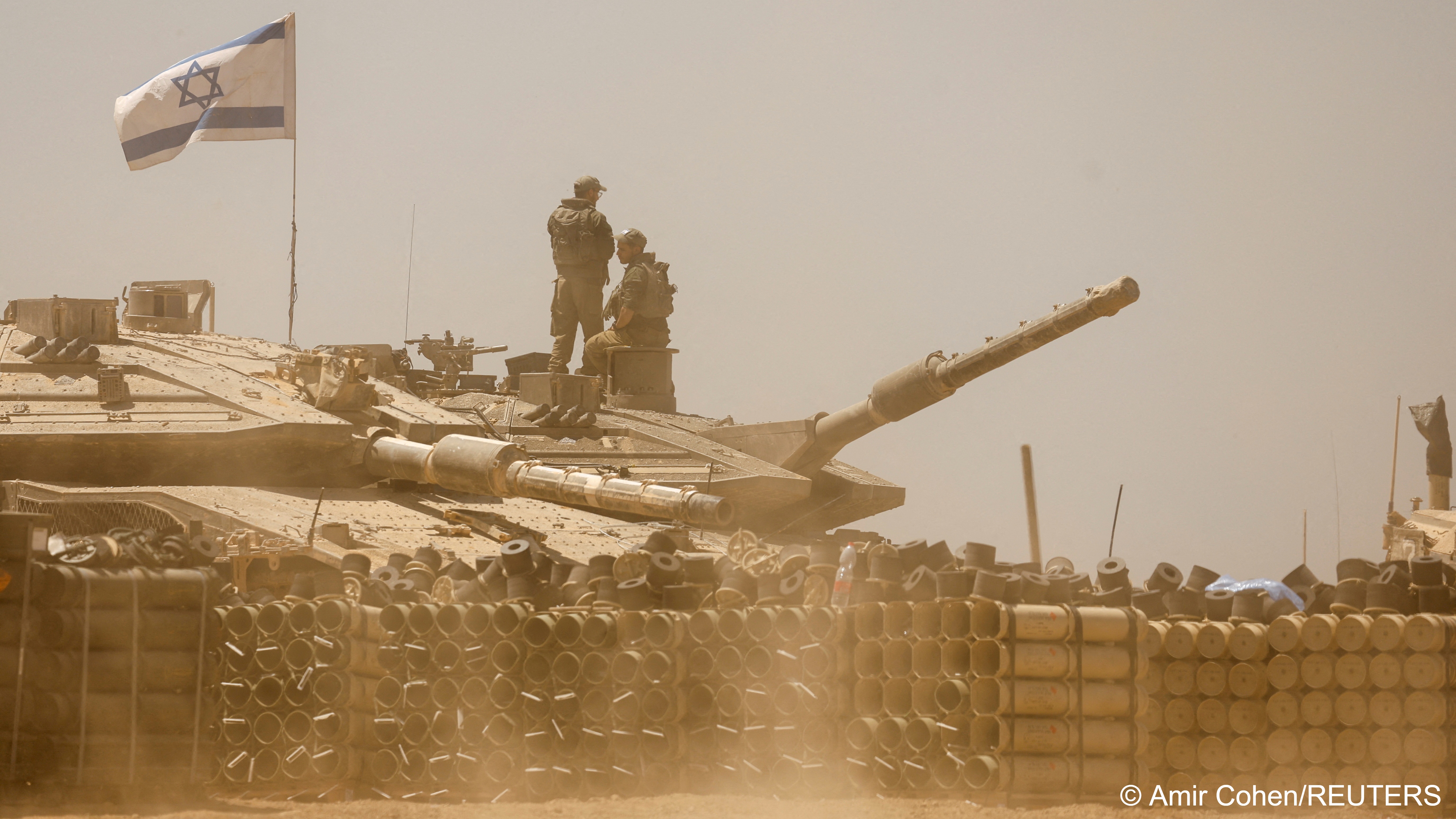 Israeli soldiers operate a military vehicle amid the ongoing conflict between Israel and the Palestinian Islamist group Hamas, near the Israel-Gaza Border, southern Israel, 9 May 2024