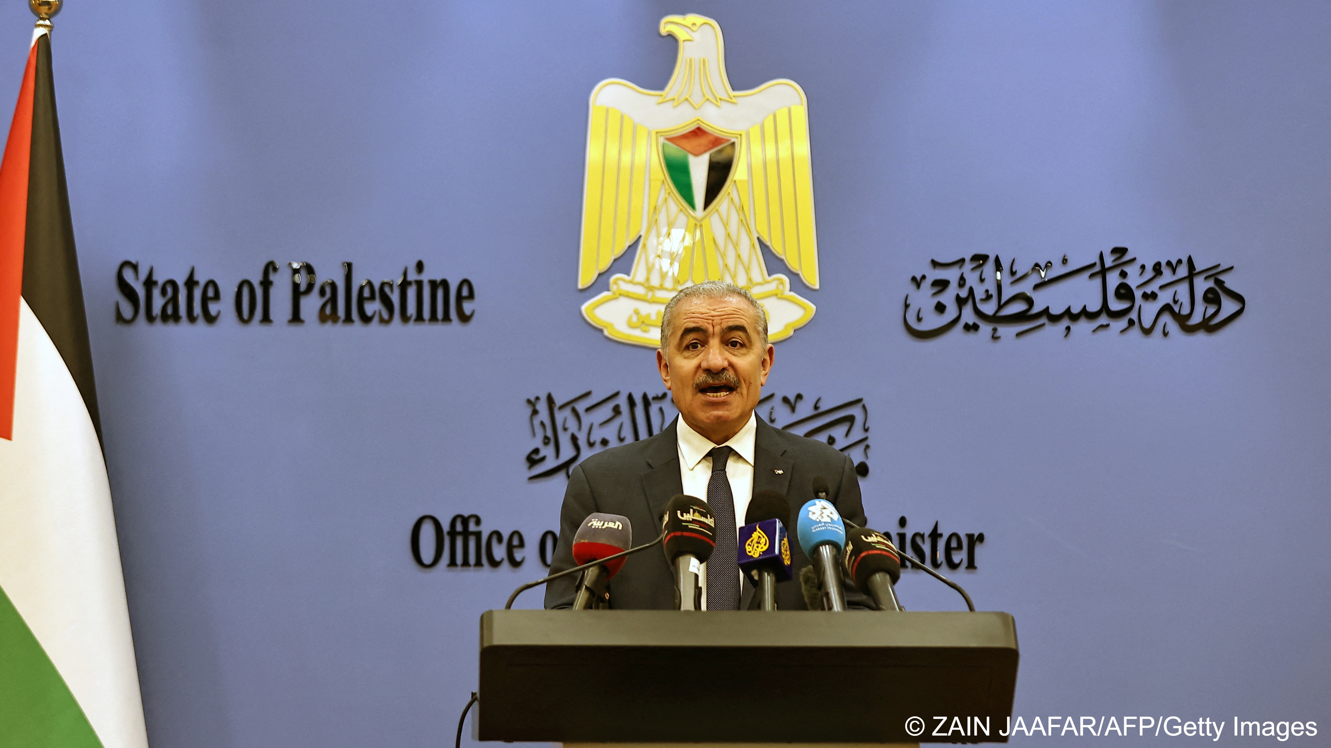 Palestinian Prime Minister Mohammad Shtayyeh speaks during a press conference after several key donor countries halted funding to the UNRWA, Ramallah, West Bank, 28 January 2024