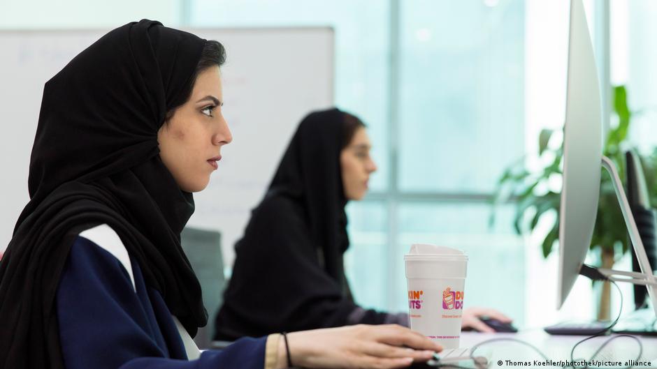 Two Saudi women in the workspace Glowork in Riyadh