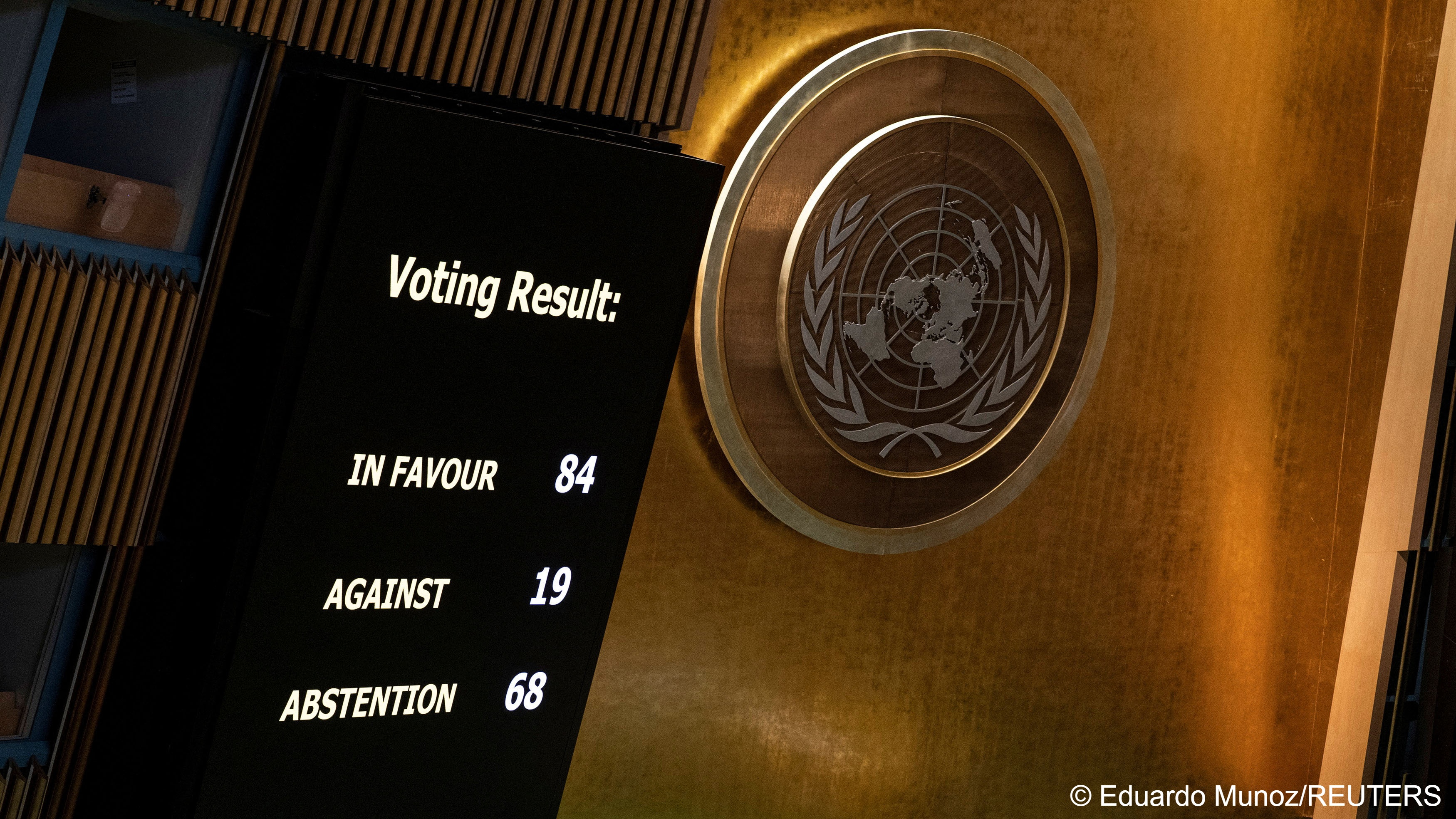 A display shows the result of the United Nations General Assembly's vote on the creation of an international day to commemorate the Srebrenica genocide, United Nations Headquarters, New York City, USA, 23 May 2024