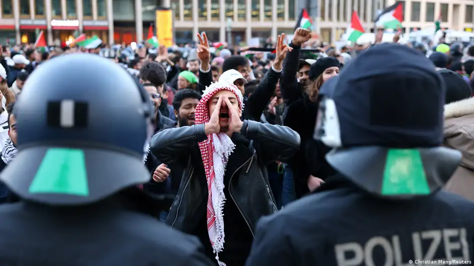 Police officers attend a pro-Palestine demonstration in Germany