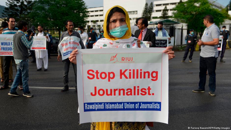 Journalists stand maintaining social distancing in a demonstration to mark the World Press Freedom Day during a government-imposed nationwide coronavirus lockdown in 2020