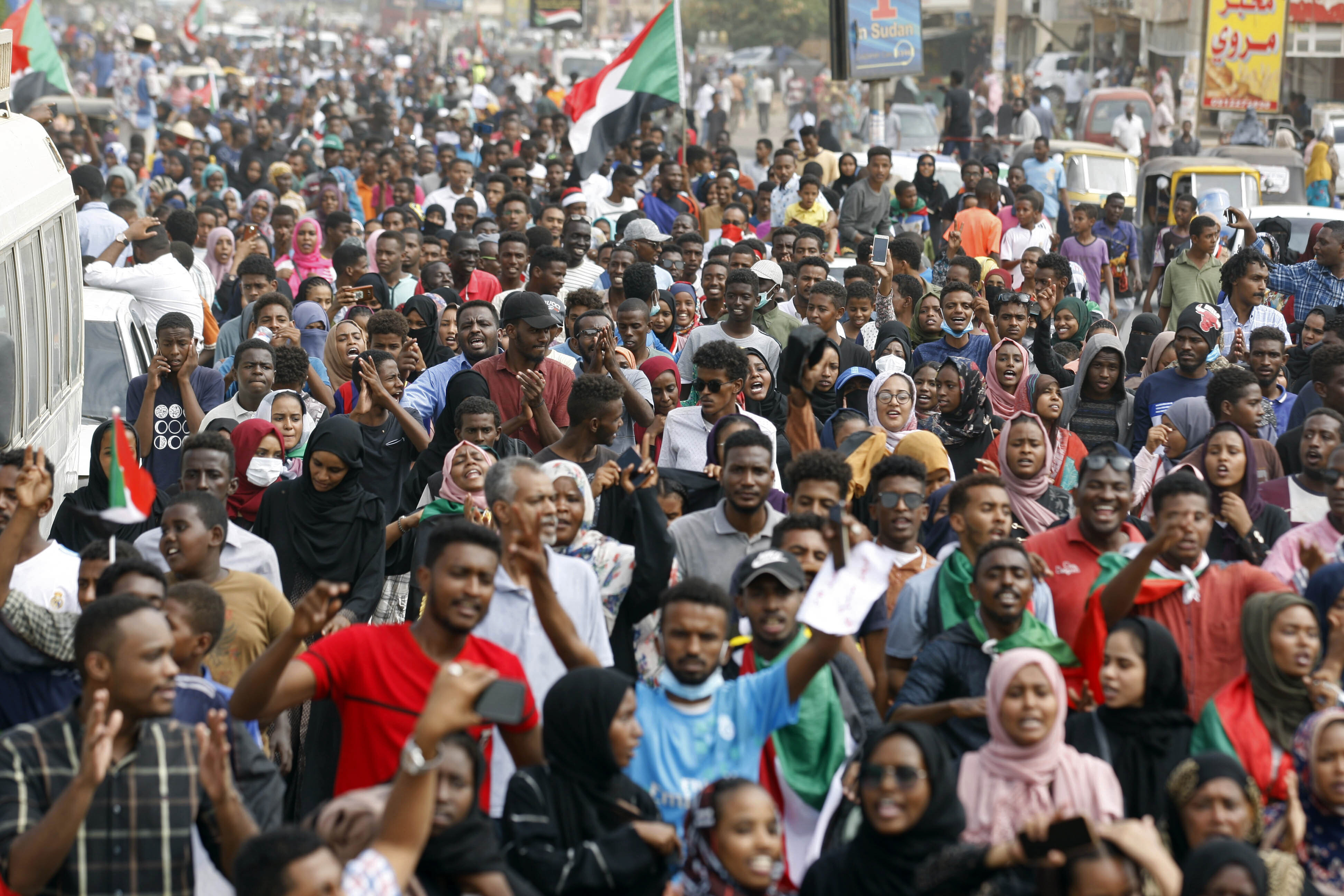 Sudanese protesters march during a demonstration in Khartoum, Sudan.