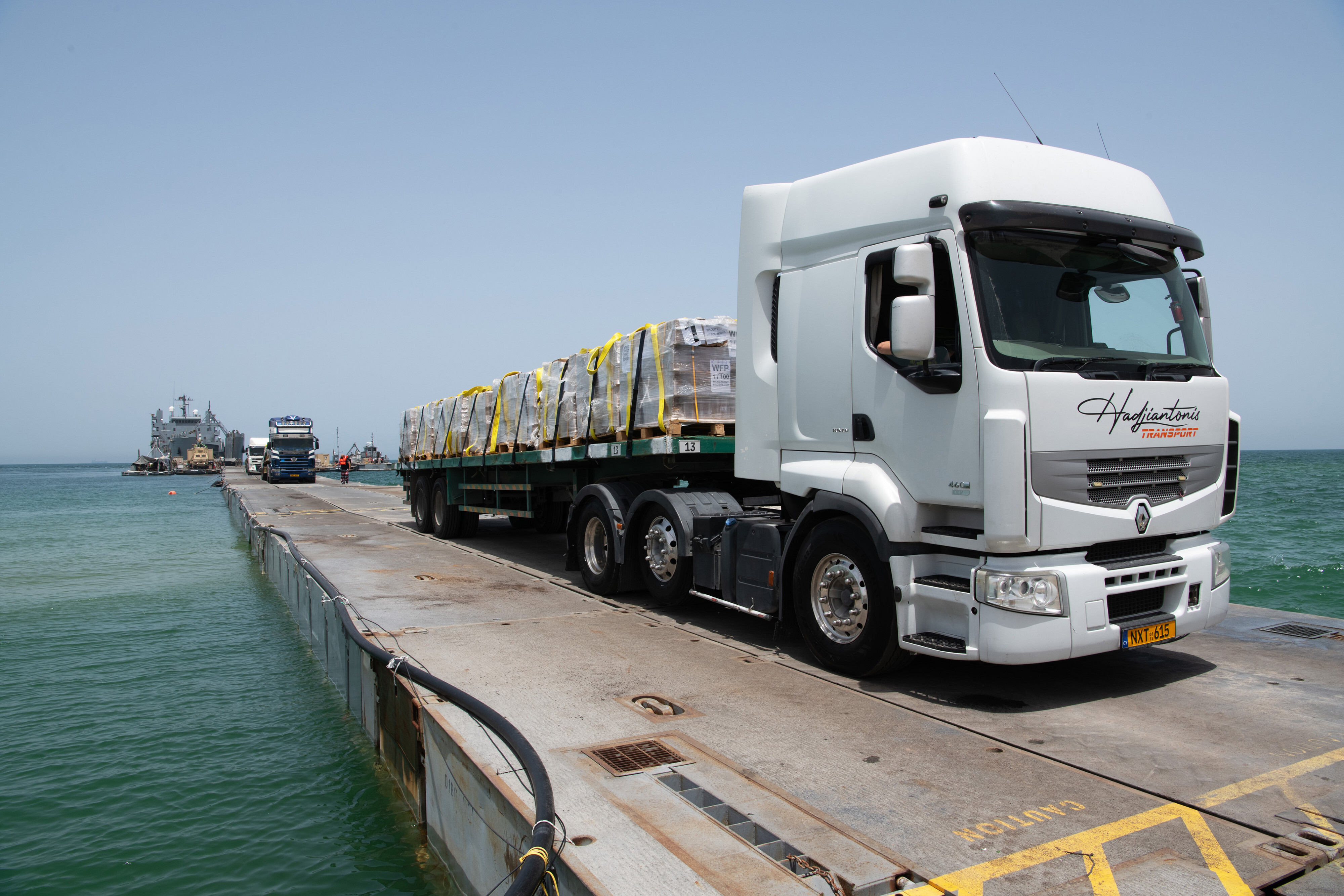 Truck with humanitarian aid standing on the pier in Gaza