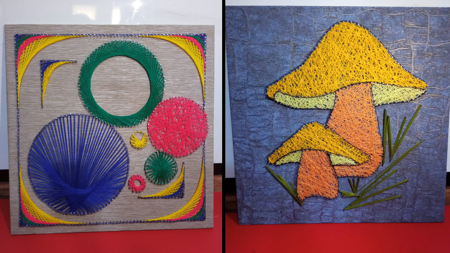 Artworks made from fabric depicting mushrooms and various shapes.