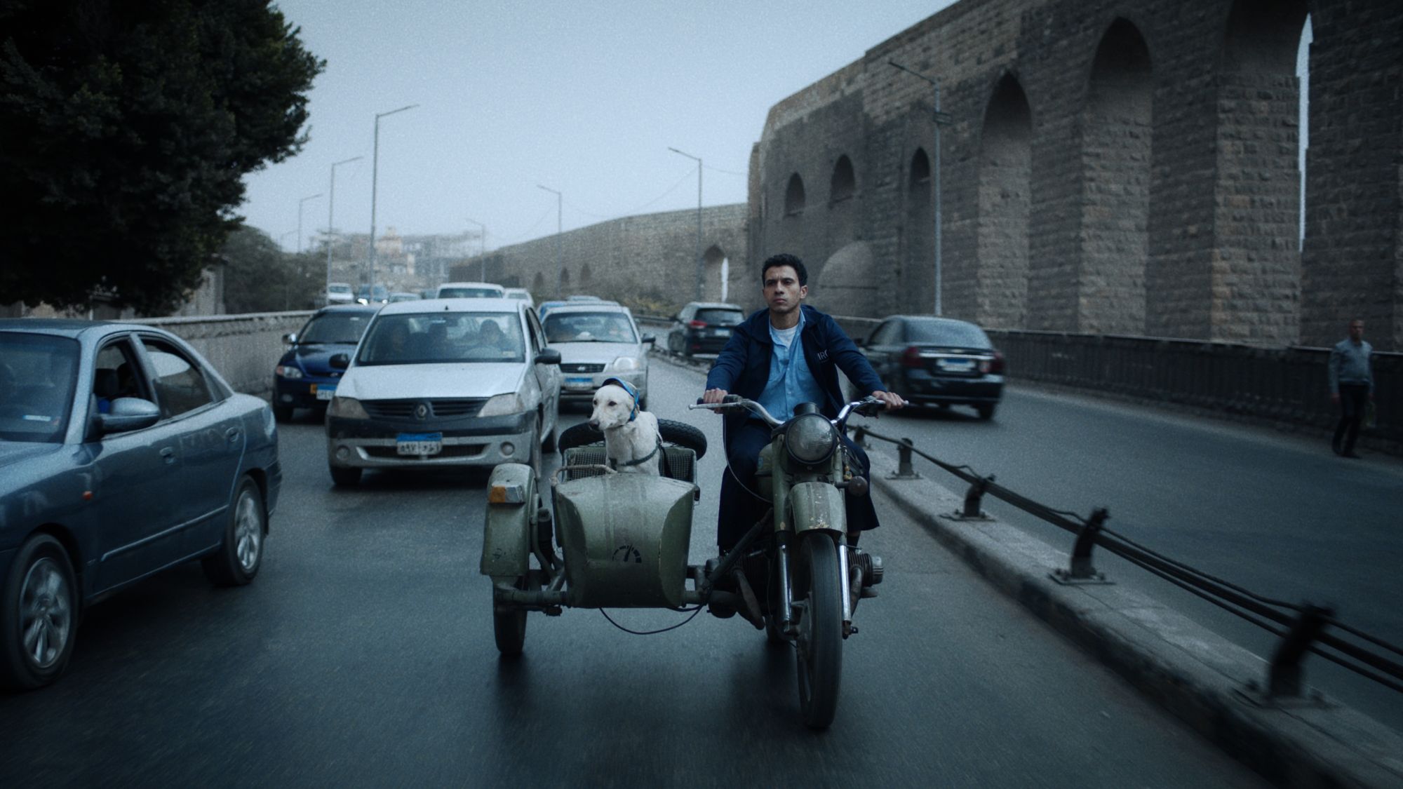 Still from Seeking Haven for Mr. Rambo. (Photo: ALFILM) A man riding a motorbike with a dog in the sidecar.