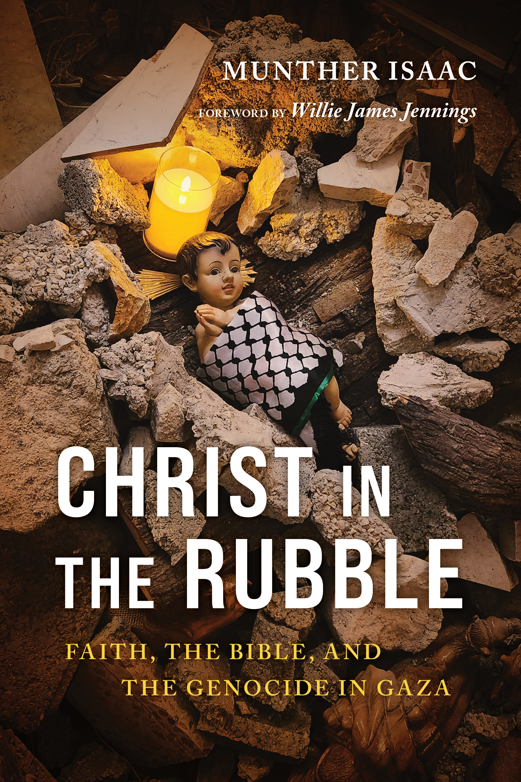 Buchcover: Christ in the Rubble (Wm. B. Eerdmans Publishing Co.) Buchcover: Puppe des Jesuskindes liegt in ein schwarz-weiße Tuch eingewickelt zwischen Steintrümmern in einer Kirche
