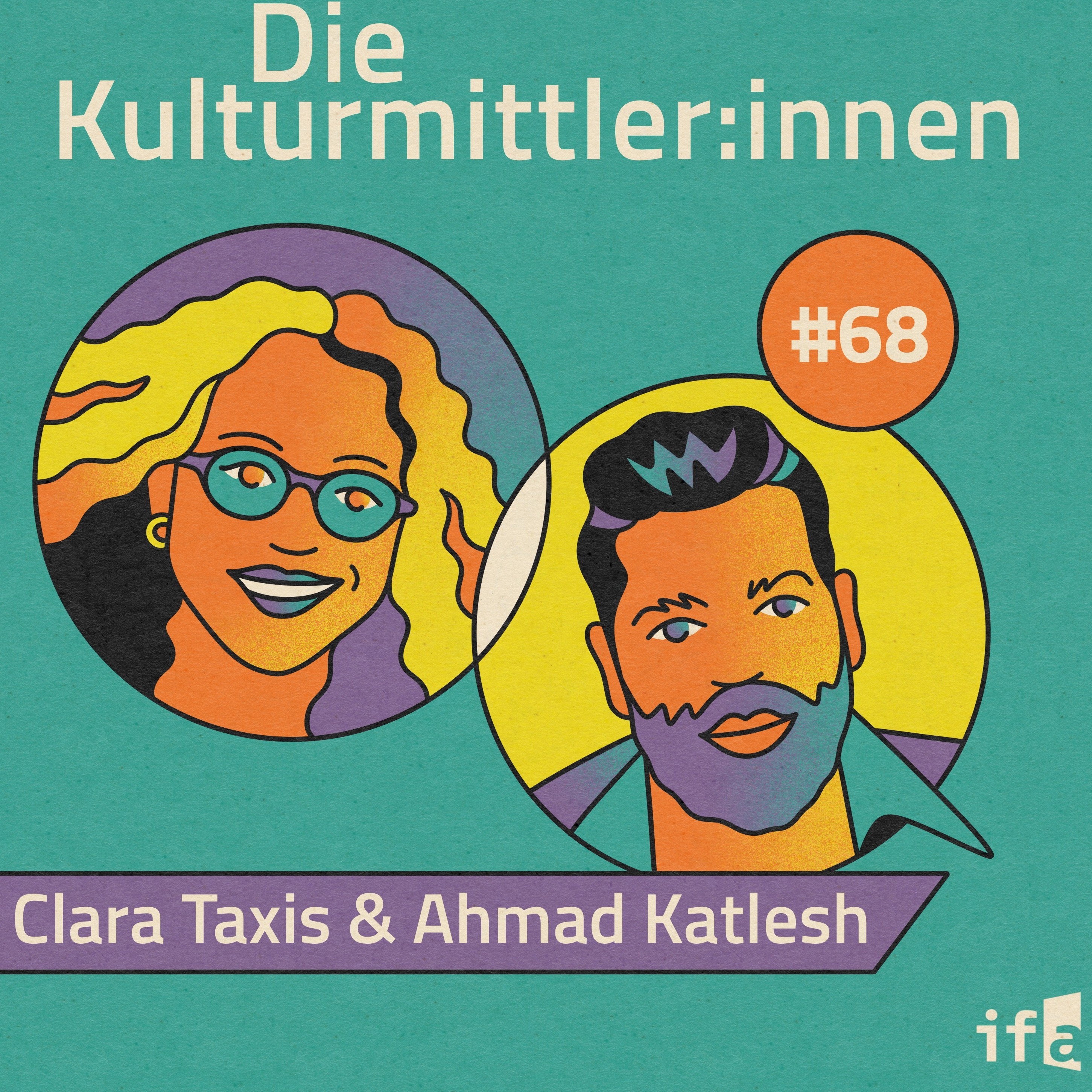 Eine Illustration von den beiden Podcastern in lila, gelb und türkiser Farbe