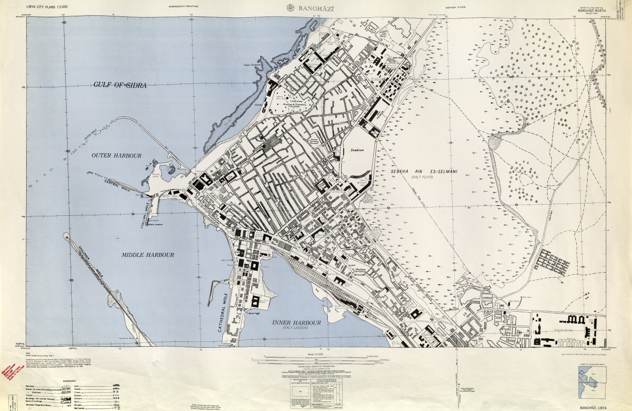A black and white map of Benghazi. 