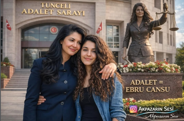 KI-generiertes Bild mit zwei Frauen Arm in Arm. Im Hintergrund eine Justizia-Statue mit dem Gesicht der einen Frau, Türkei-Fahnen und ein Gerichtsgebäude.