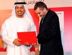 Rabee Jaber being awarded the International Prize for Arabic Fiction (IPAF) by Sheikh Sultan Bin Tahnoon Al Nahyan, managing director of the Emirates Foundation (photo: Susannah Tarbush)