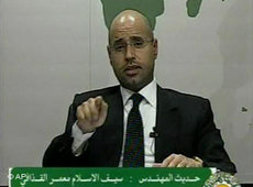 Saif al-Islam Gaddafi addressing the nation on television on 21 February 2011 (photo: AP Photo/Libyan State Television)