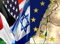 Symbolic picture of the flags of USA, Israel, Palestine and Europe (photo: AP/DW)