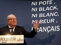 Far-right presidential hopeful Jean-Marie Le Pen gestures as he addresses reporters at his party's headquarters in Saint-Cloud, west of Paris, April 2007 (photo: AP)