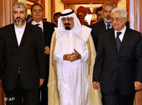 King Abdullah, Mahmoud Abbas and Khaled Mashaal (photo: AP)