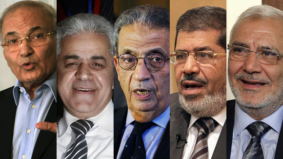 v l n r: Ahmed Shafik, Hamdeen Sabahi, Amr Moussa, Mohamed Mursi, Abdel Moneim Aboul Fotouh; Foto: Reuters