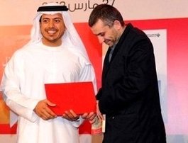 Rabee Jaber (rechts) während der Preisverleihung des International Prize for Arabic Fiction; Foto: Susannah Tarbush