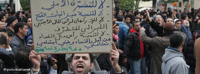 متظاهر يحمل لافتة كتبت عليها لائحة من المطالب. الصورة: dpa