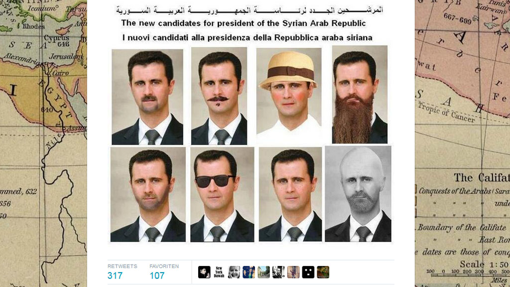 Assad der Mann der vielen Gesichter und derselben Person: Karikatur auf Twitter zur Präsidentschaftswahl in Syrien; Foto: Screenshot Twitter
