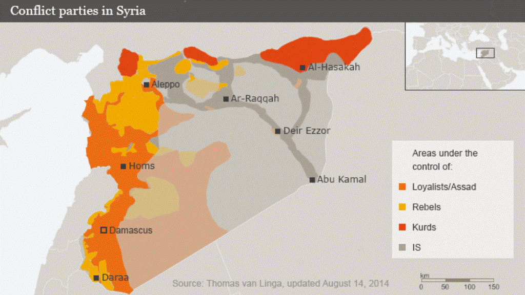 Map showing the parts of Syria controlled by the Assad regime, rebels, Kurds and IS (source: DW)