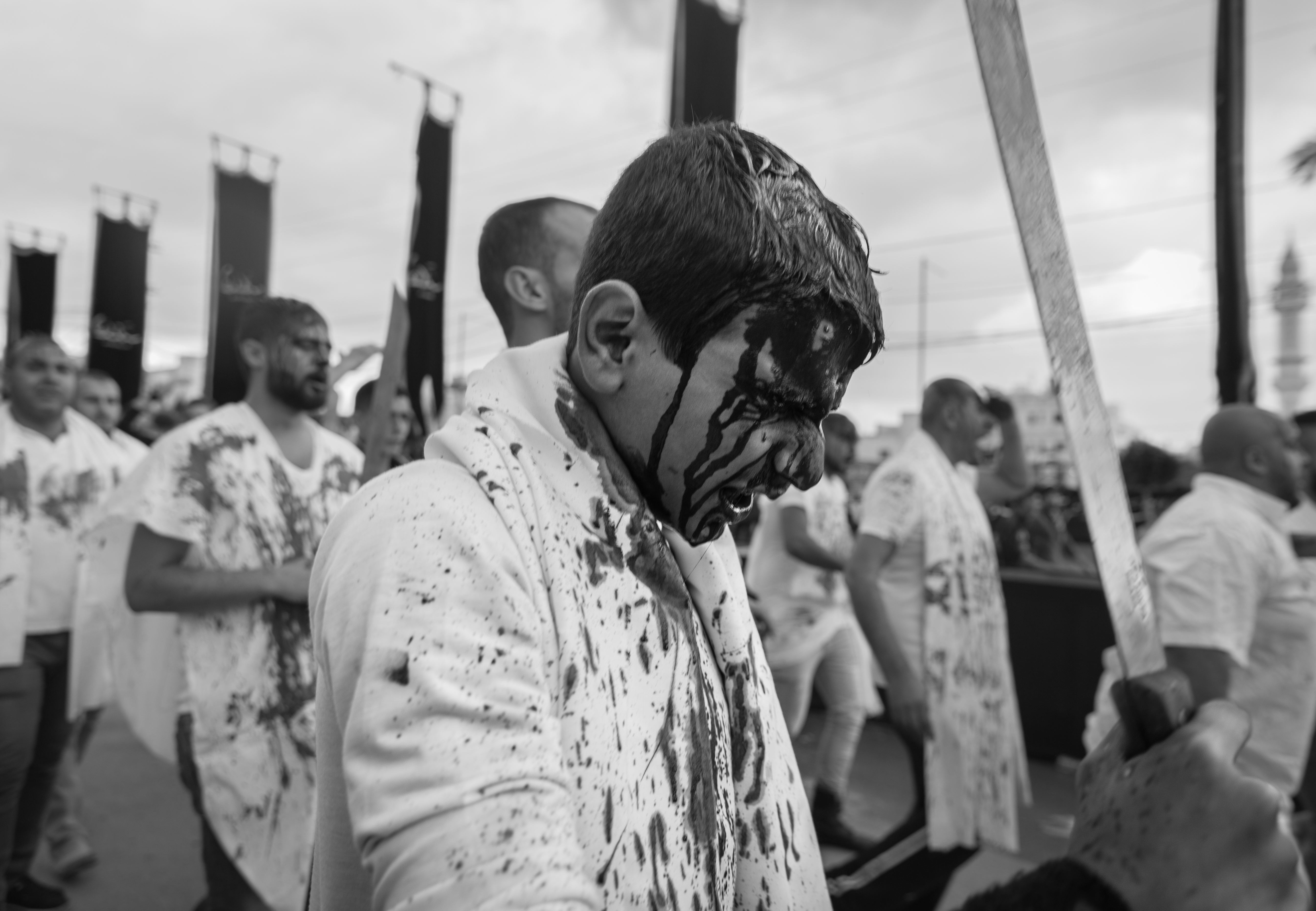 Shia men taking part in the bloodletting rite known as "tatbir" in Nabatiyeh, Lebanon, November 2014 (photo: Maya Hautefeuille)