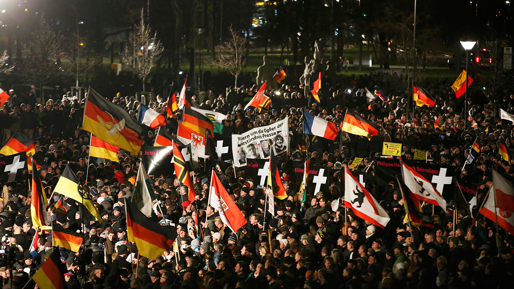Supporters of the anti-immigration movement Pegida (Patriotic Europeans Against the Islamisation of the West) hold flags during a demonstration in Dresden, 12 January 2015 (photo: Reuters/F.  Bensch)