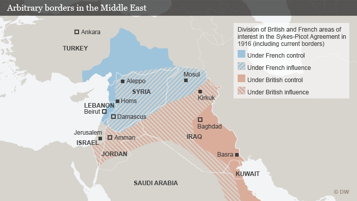Map outlining the borders of the countries drawn on the basis of the Sykes-Picot Agreement (source: DW)