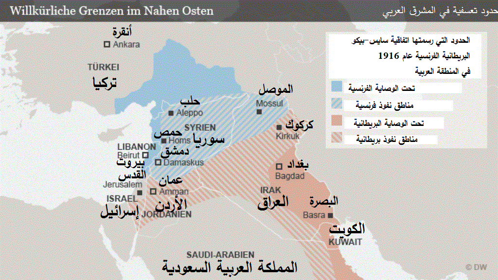 الحدود التي رسمتها اتفاقية سايس-بيكو البريطانية الفرنسية عام 1916 في المنطقة العربية.    Infografik: Qantara/ DW