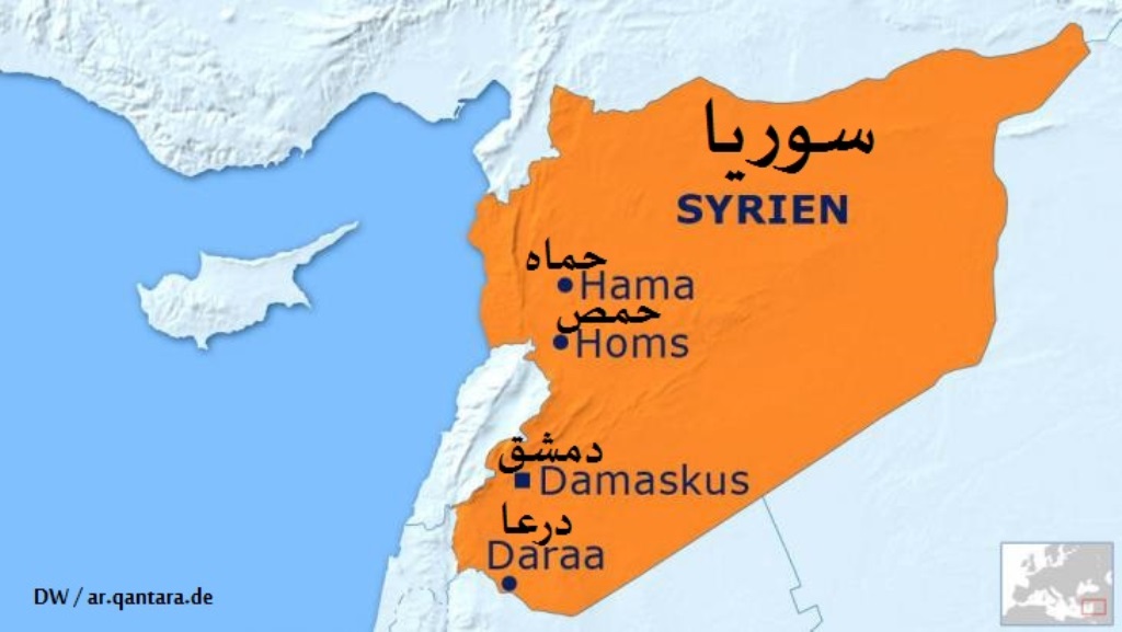 خريطة سوريا وفيها تظهر درعا في الجنوب