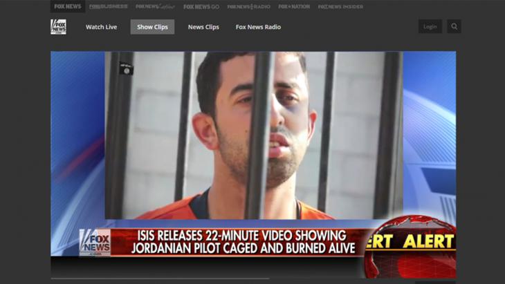 Still from a Fox News report on the IS video that showed the Jordanian pilot Moaz al-Kasasbeh being burned alive (photo: Fox News)