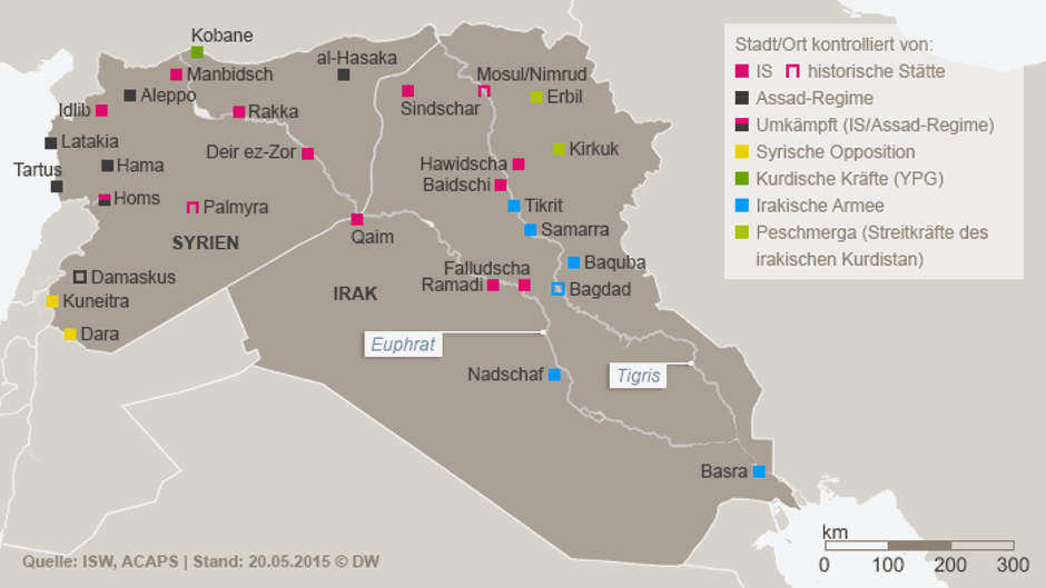 Karte Ausbreitung des IS im Irak und in Syrien; Quelle: DW