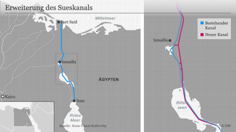 Karte des erweiterten Suezkanlas; Quelle: DW
