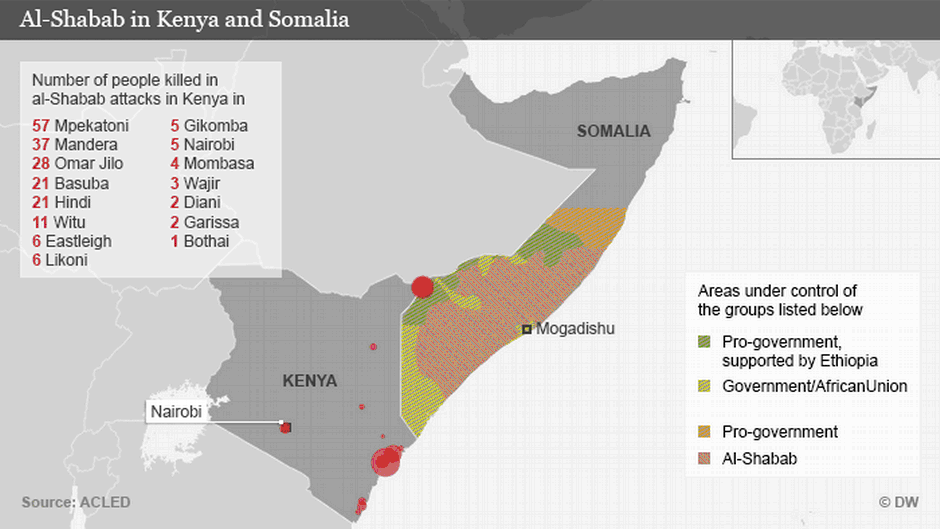 Map showing the influence of al-Shabab in Kenya and Somalia (source: DW)