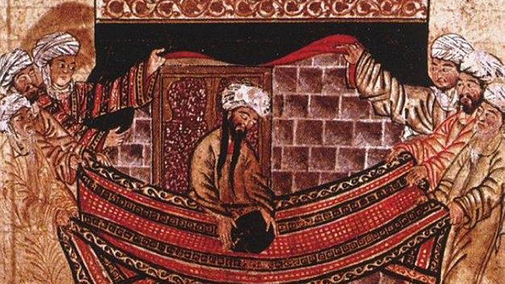 Der Prophet Mohammed legt den schwarzen Stein auf einen Teppich, der von vier Männern (die die vier Stämme repräsentieren) gehalten wird, Foto: public domain