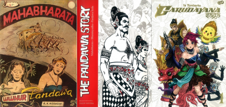 From left to right: 1956 Mahabharata by R.A. Kosasih; first edition of Teguh Santosa′s ″The Pandawa Story″ from 1984 – re-issued in English in 2013; the manga-style ″Garudayana Saga″ by Is Yuniarto (2013)