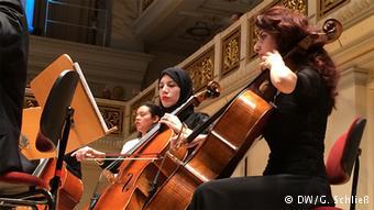 Young musicians belonging to the Arab Youth Philharmonic Orchestra performing in Berlin's Konzerthaus (photo: DW/Gero Schliess))