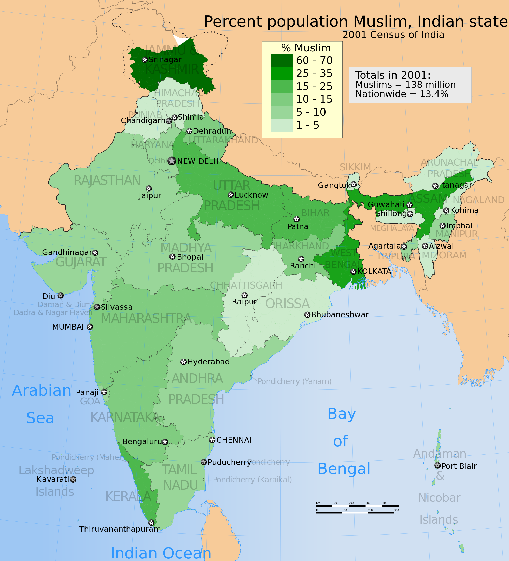 2001 Census of India showing distribution of religious minorities (graphic: Ministry of Home Affairs, Government of India)