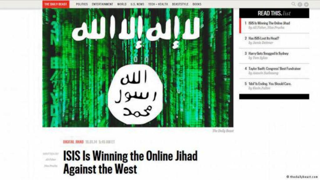 صورة عن موقع ذي ديلي بوست لأحد مقالاته عن الجهاديين تحت عنوان: "داعش ينتصر على الغرب في جهاد الإنترنت"