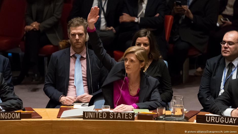 U.S. Ambassador to the U.N. Samantha Power abstains from the UN vote on 23 December 2016 demanding Israel put a stop to settlement building