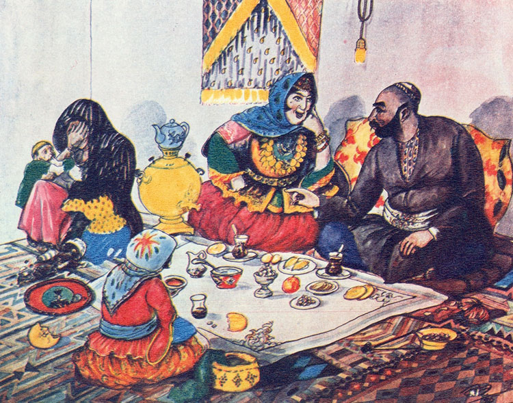 لوحة الزوجة القديمة والزوجة الجديدة للرسام عظيم أصلان أوغلو زادة (أذربيجان 1939)